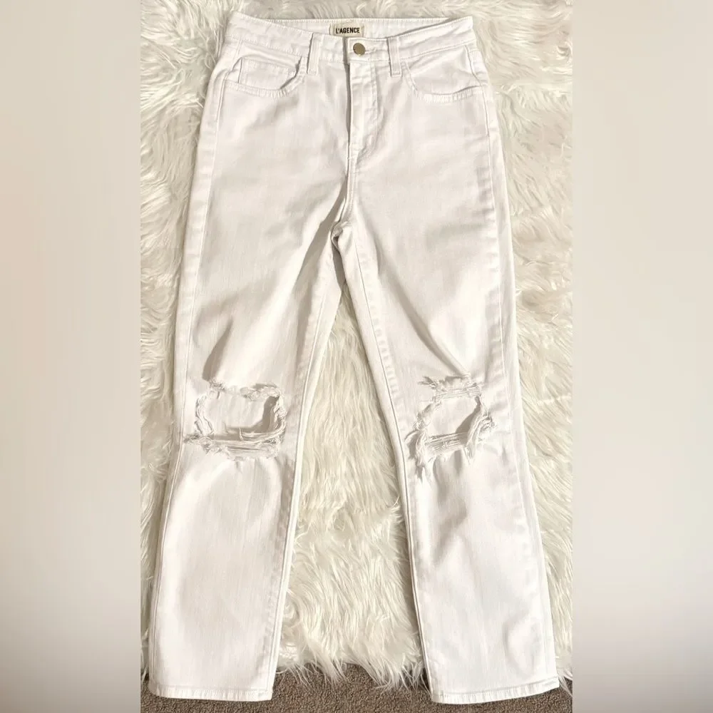 L’AGENCE ‘Audrina’ High Rise Jean In Blanc Worn Destruct Size 25